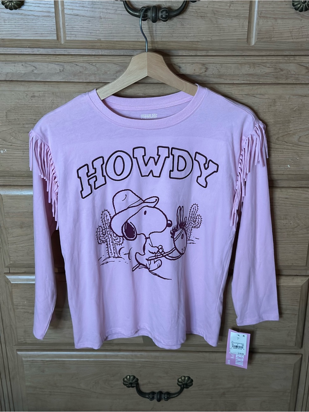 (L) Peanuts Snoopy Howdy Cowgirl Long Sleeve Fringed T-shirt NWT